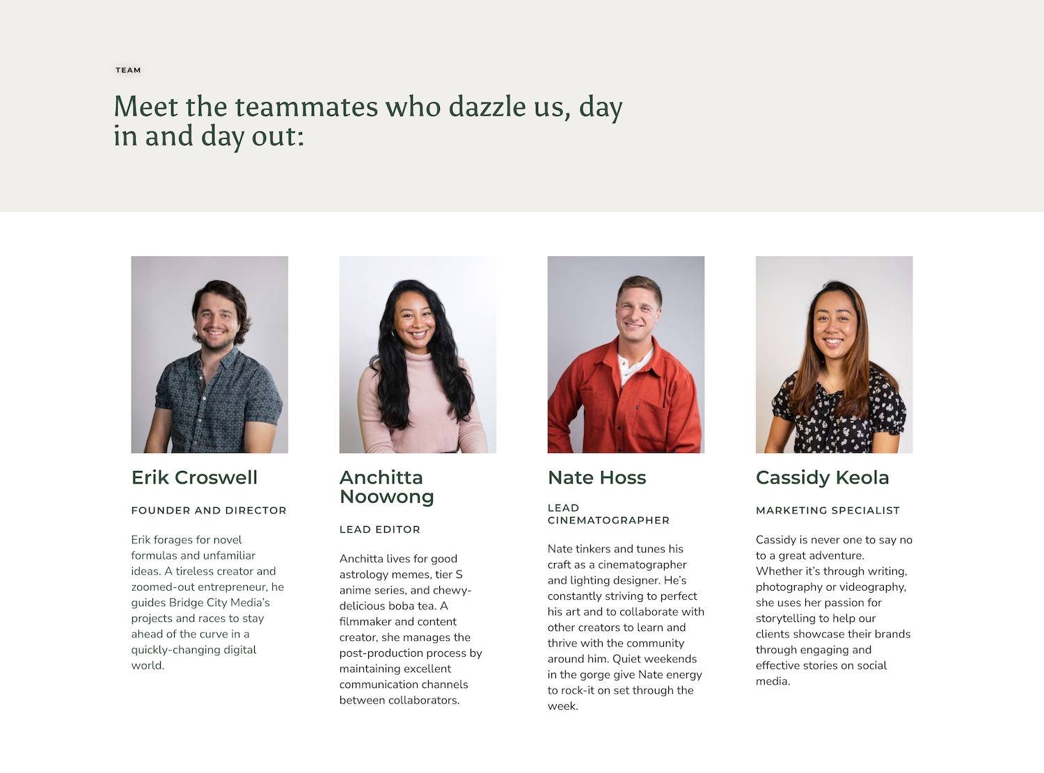Team block on Bridge City Media's About page.