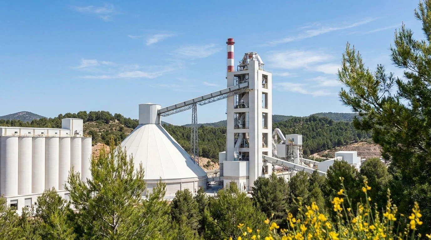 Installation industrielle blanche avec silos, tours et ponts métalliques, entourée de nature avec arbres et montagnes en arrière-plan représentant la cimenterie de CIMSA Bunol en Espagne.