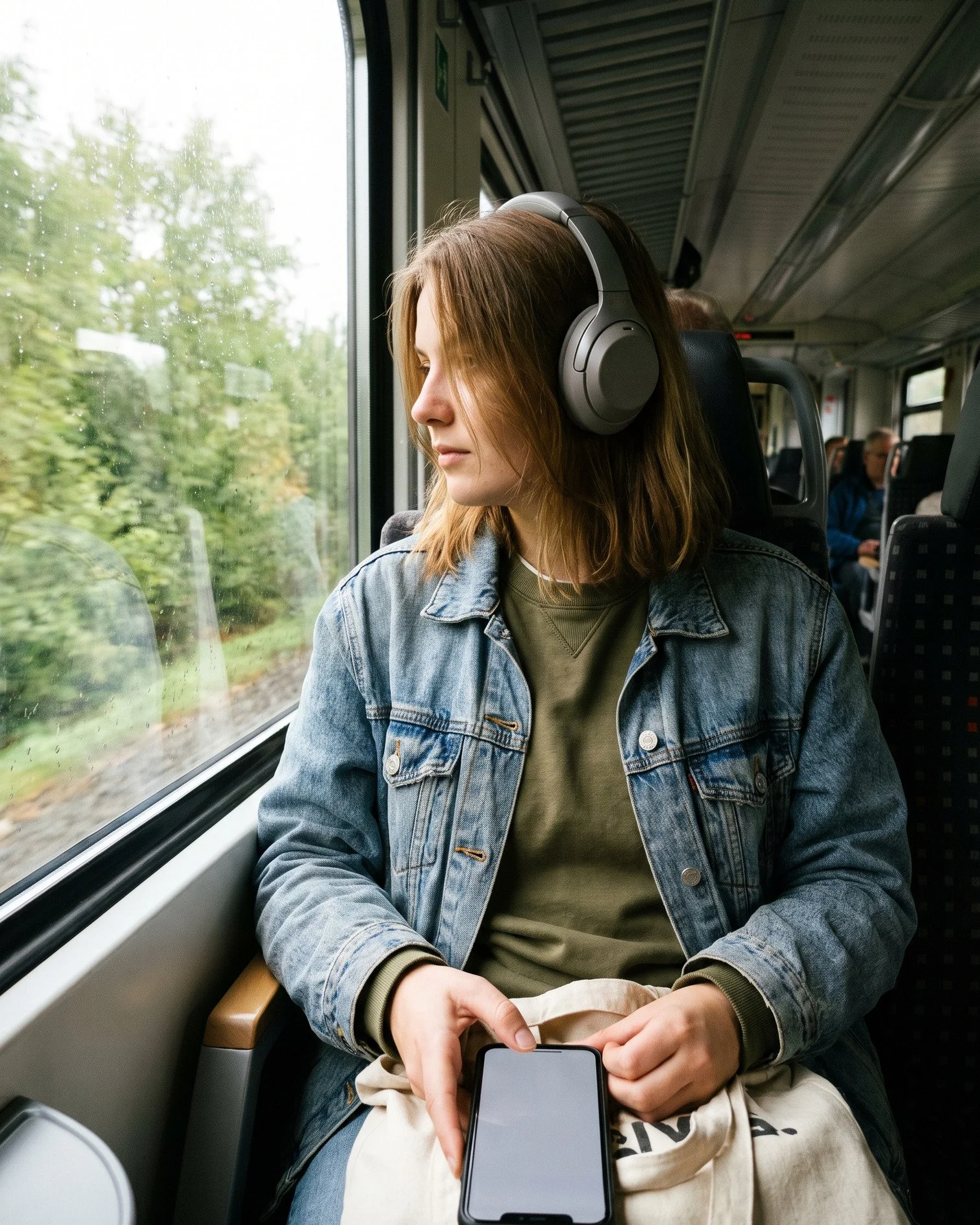 Junge Frau mit Kopfhörern im Zug, Handy in der Hand