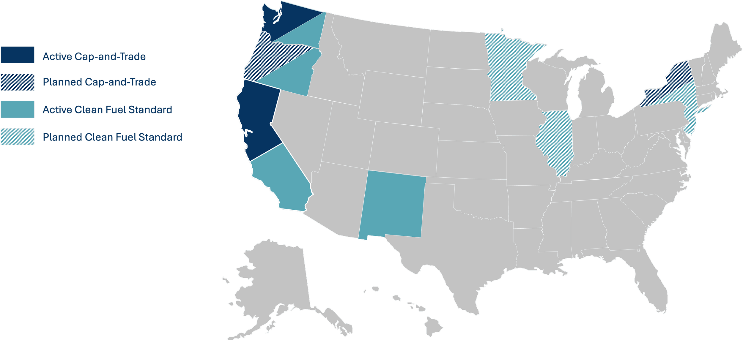 Map highlighting U.S. states and regions with active cap-and-trade and states with clean fuel standards. 