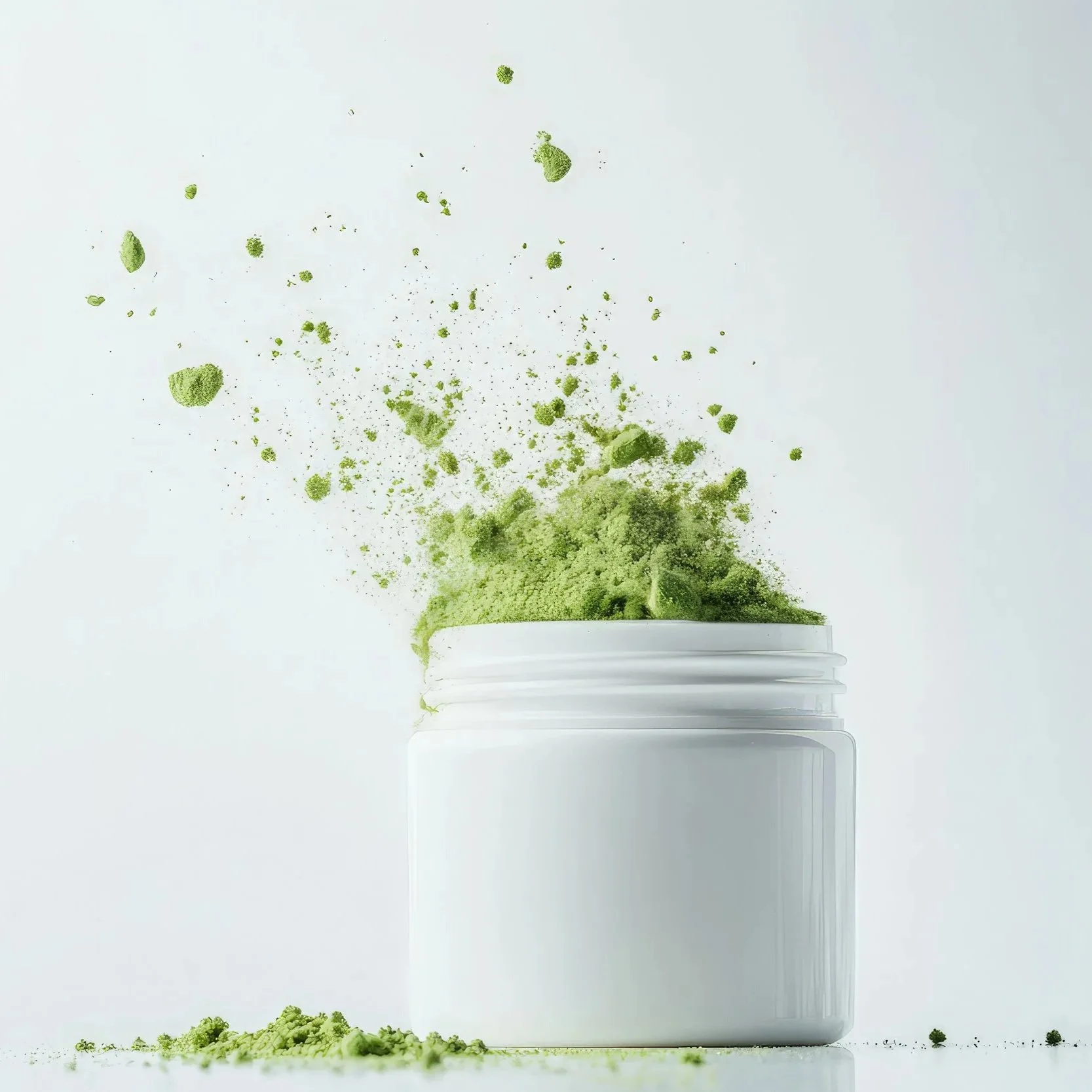 Green powdered ingredient spilling from an open container against a white background.
