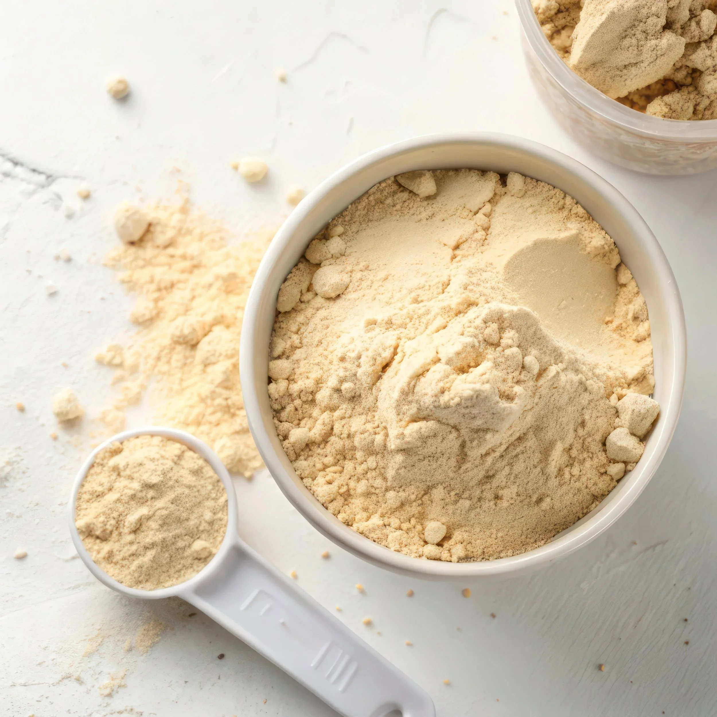 Light-colored powdered ingredient in a bowl with a measuring scoop on a white surface.