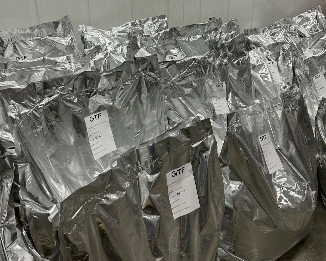Sealed food powder samples prepared for storage and shelf-life evaluation