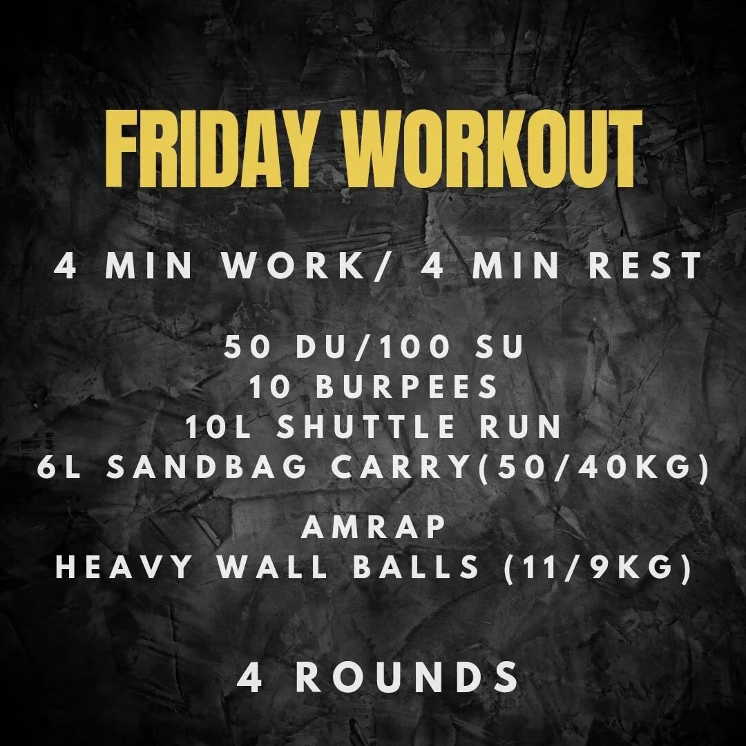 This was a tough one!

The workout is scored by wall ball reps completed in the remaining time of each 4 minute sprint!

Mark out 15m lengths for your shuttle runs and sandbag carries. Scale to help get the work done in the time cap but don't make it