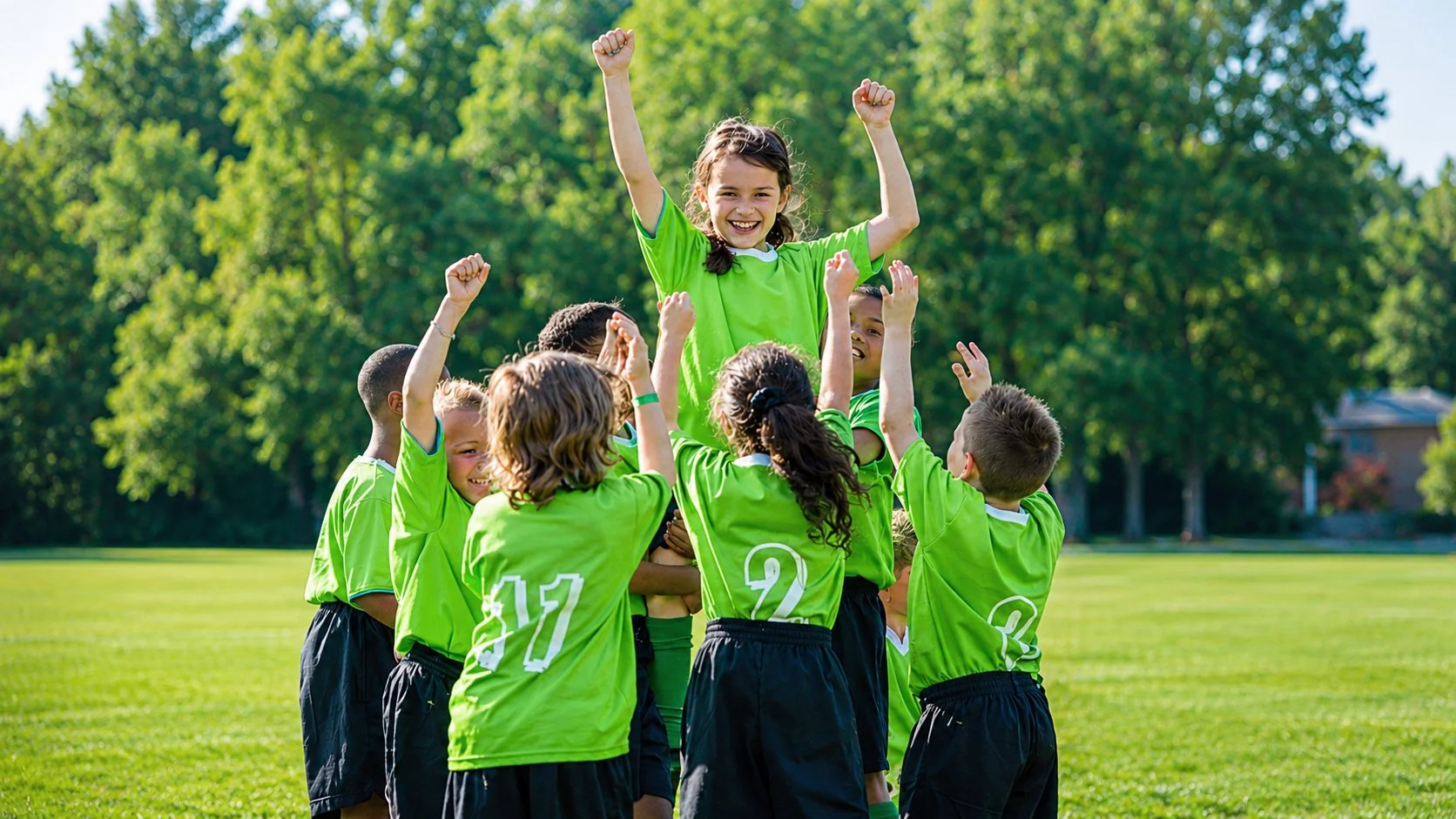Girls and boys youth football team celebrating a win. All dressed in their team kit of lime green shirts and black shorts.