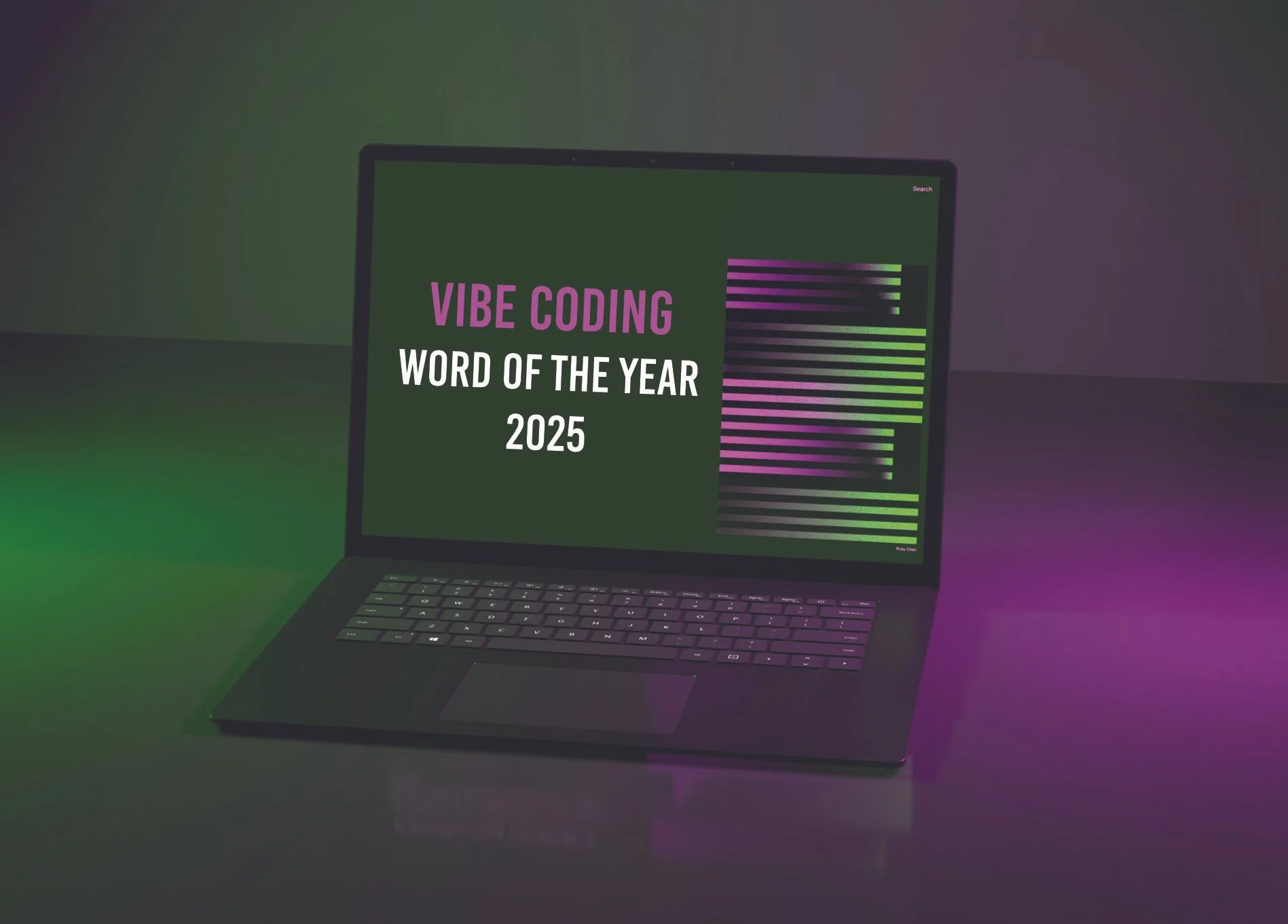 Open laptop showing the words Vibe coding, word of the year 2025. Colours are dark green and pink