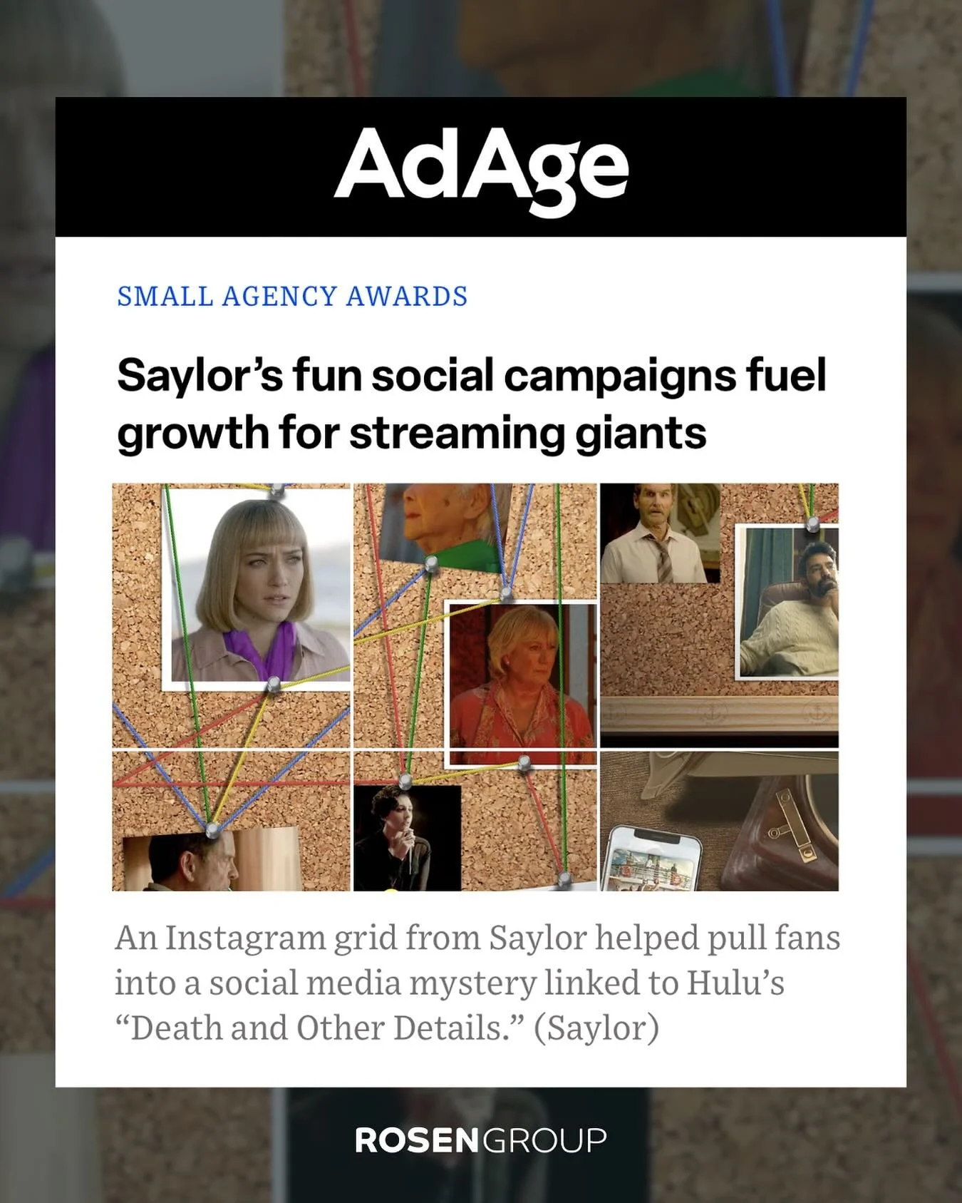 Congrats are in order for #RGClient @sayloragency on their win at the @adage Small Agency Awards! 👏

Their standout social campaigns, including an immersive Instagram mystery for @hulu&rsquo;s &ldquo;Death and Other Details&rdquo; have fueled major 