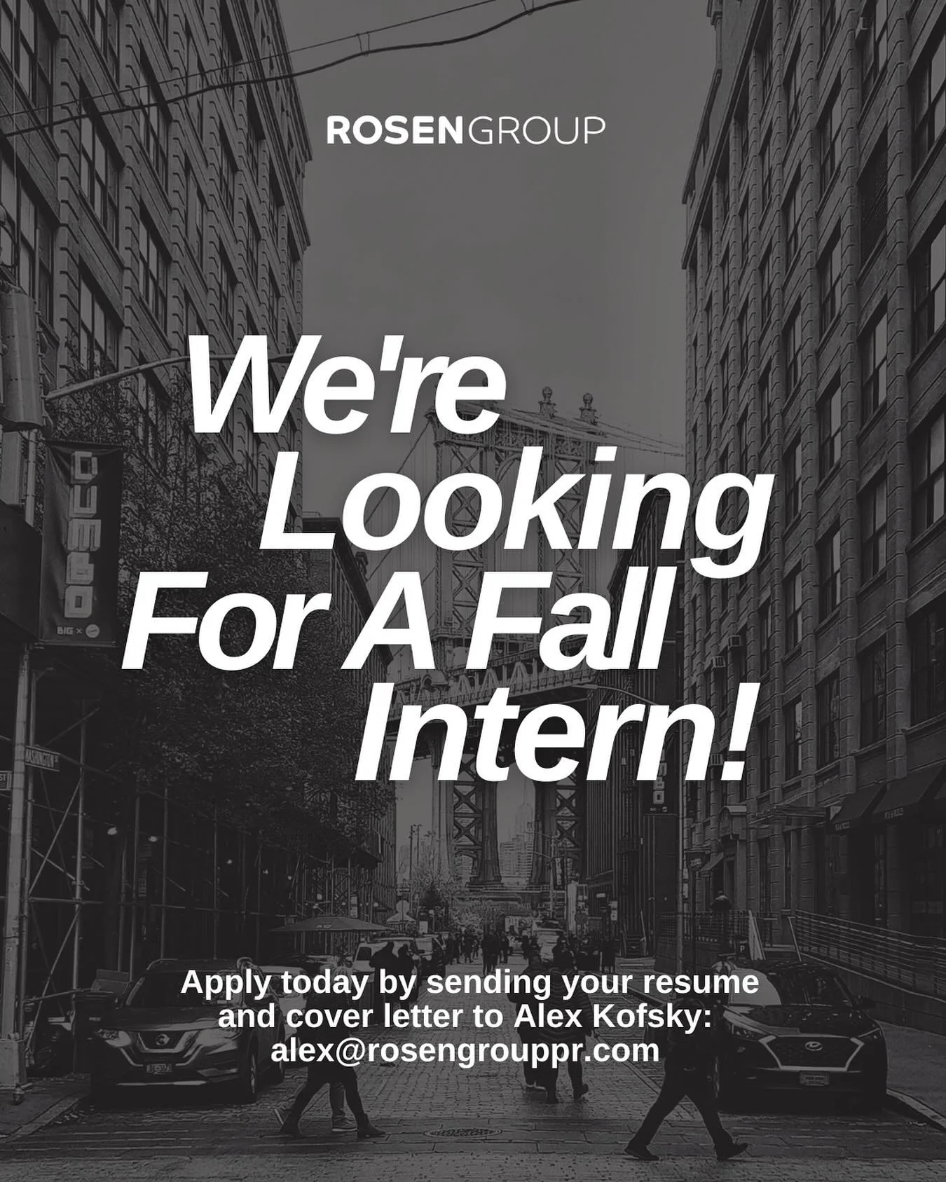 Rosen Group is looking for a PR intern to join us for Fall 2025!

This part-time, 10-week internship is perfect for a current college student looking to get real-world experience at a nationally recognized boutique PR agency. You&rsquo;ll dive into w