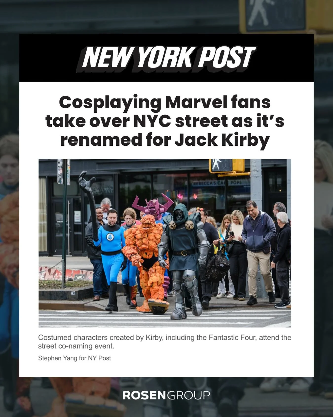 A day in the life at Rosen Group: attending a street-naming ceremony for the iconic comic book artist Jack Kirby, finding yourself next to the superheroes he created....and then being photographed by the New York Post. 📸

Link in bio to the Post&rsq