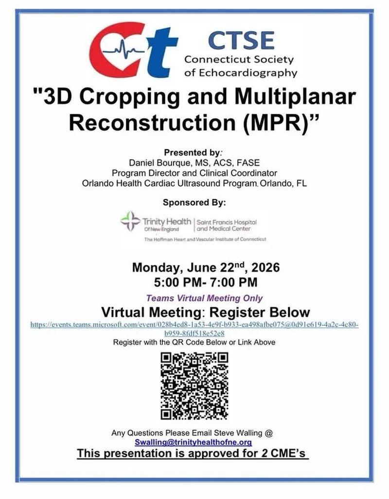 Good morning Echo Amigos 🫀🎓🫀🎓🫀
I am excited to announce our next CTSE lecture will be Monday June 22 at 5PM on 3D Cropping and MPR with Daniel Bourque, MS, ACS, FASE. Daniel is a New England native who started his echo career with the Hoffman He