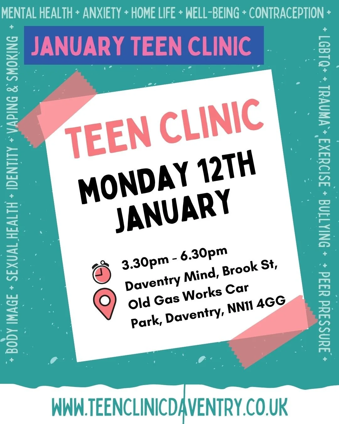 Dont miss Teen Clinic on Monday 🎉Drop in support - no appointment needed