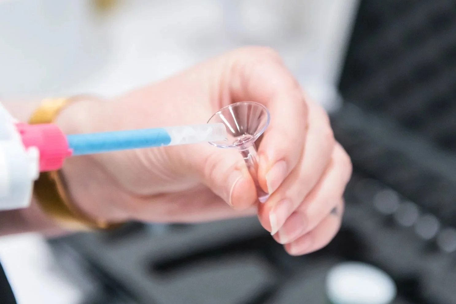 A person using Eyeprint equipment preparing to take an impression of an eye for specialist contact lens fitting.
