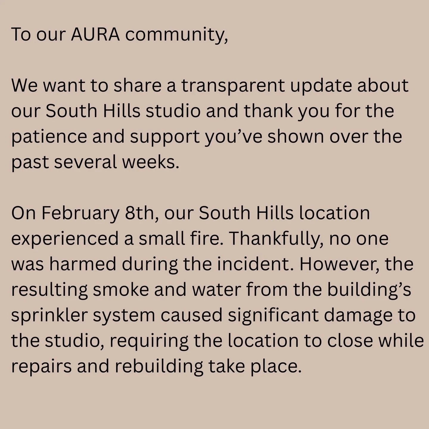 Thank you for your patience as we&rsquo;ve navigated this unexpected situation. We&rsquo;re excited to share that construction will begin soon as we rebuild and elevate the South Hills studio experience 💫

Important client updates:
&bull; All South 