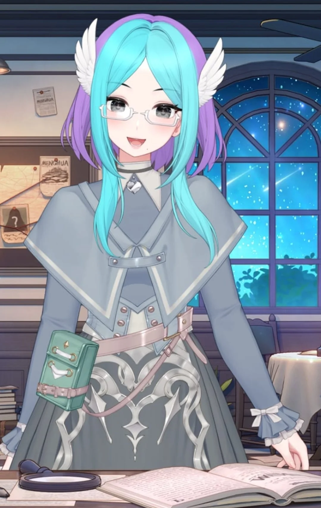 Vtuber design of Adara. She has blue and purple hair, wears glasses, has feather ears, and is wearing a long sleeve blue and grey dress. She is standing behind a desk in an office.