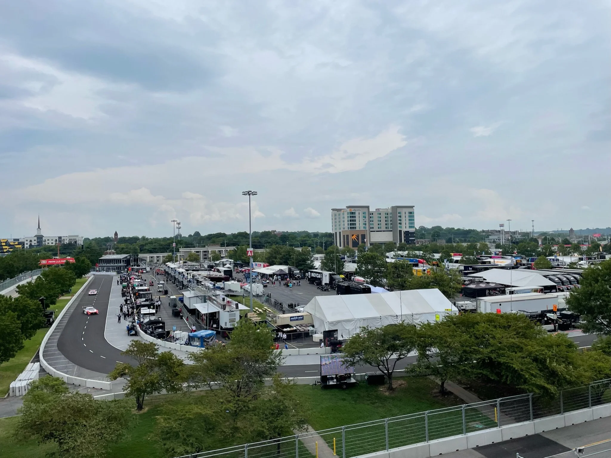 A spectator view of the pit lane of the Music City Grand Prix