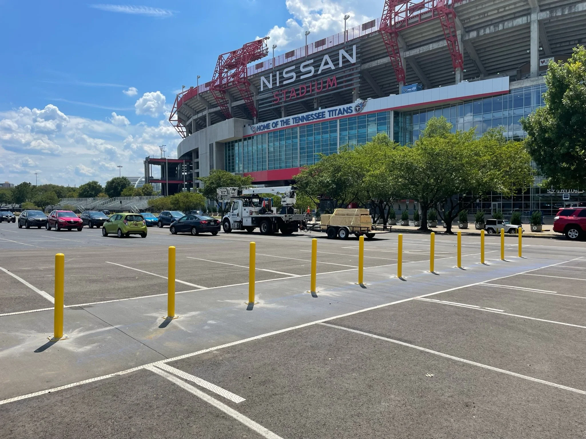 In Nashville TN at Nissan Stadium, Sessions Paving Company installed steel bollards in the parking lot