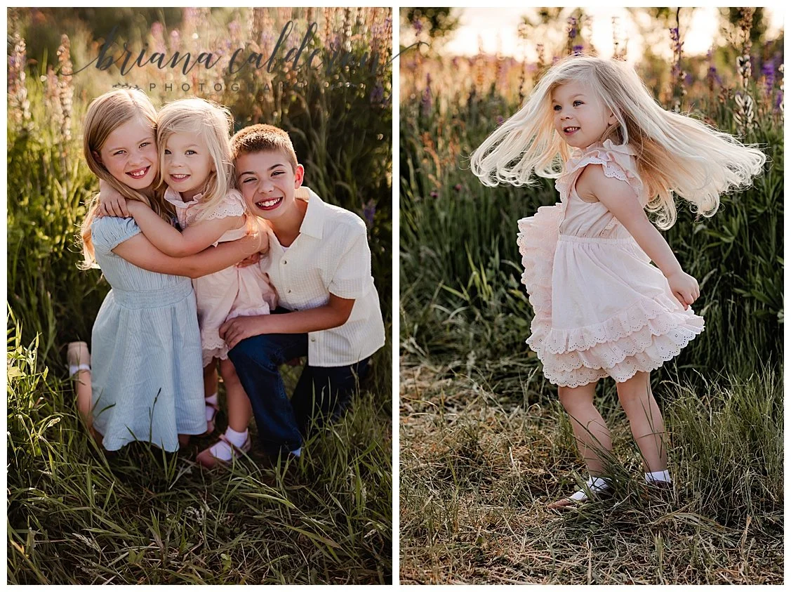 Siblings hugging in flower field