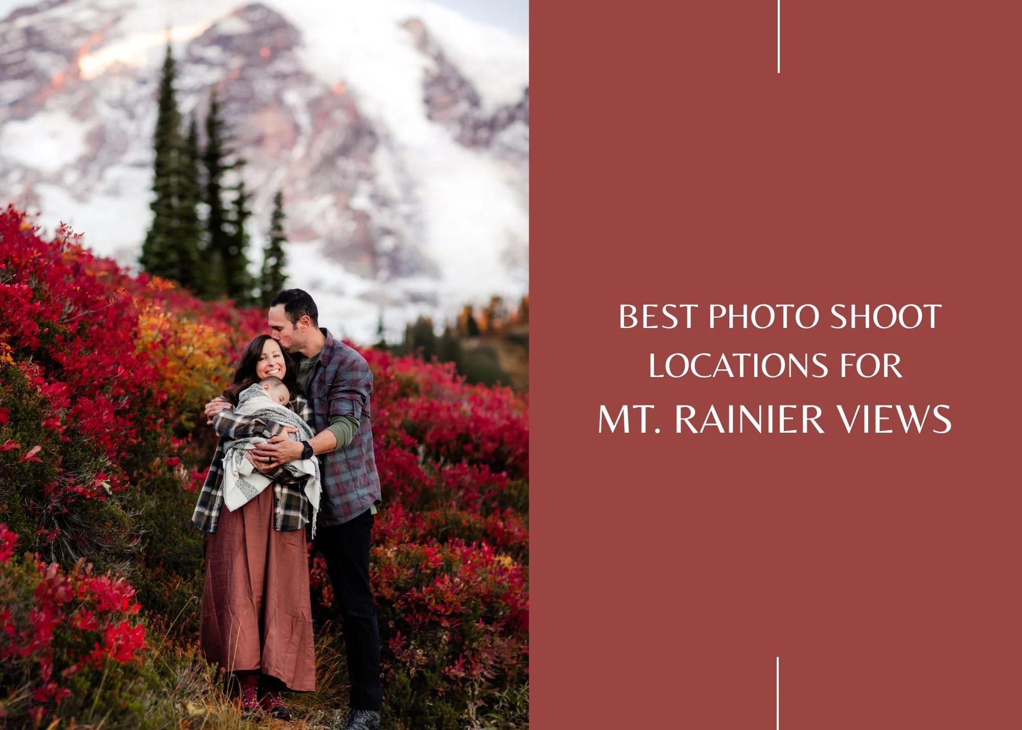 Mother and father hold baby on the hillside of Paradise by Mt. Rainier