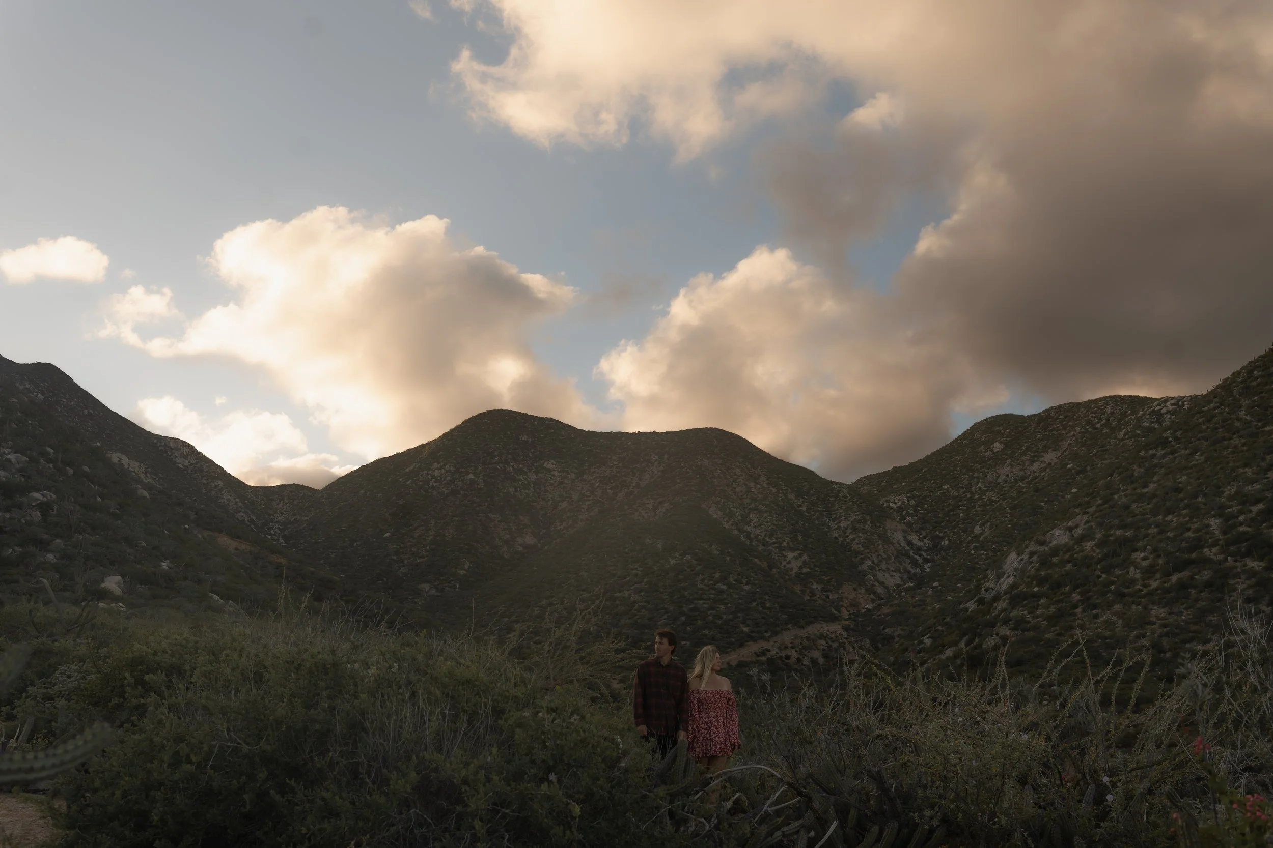 A couple stands in a desert landscape with green bushes and cacti, mountains in the background, and dramatic clouds in the sky.