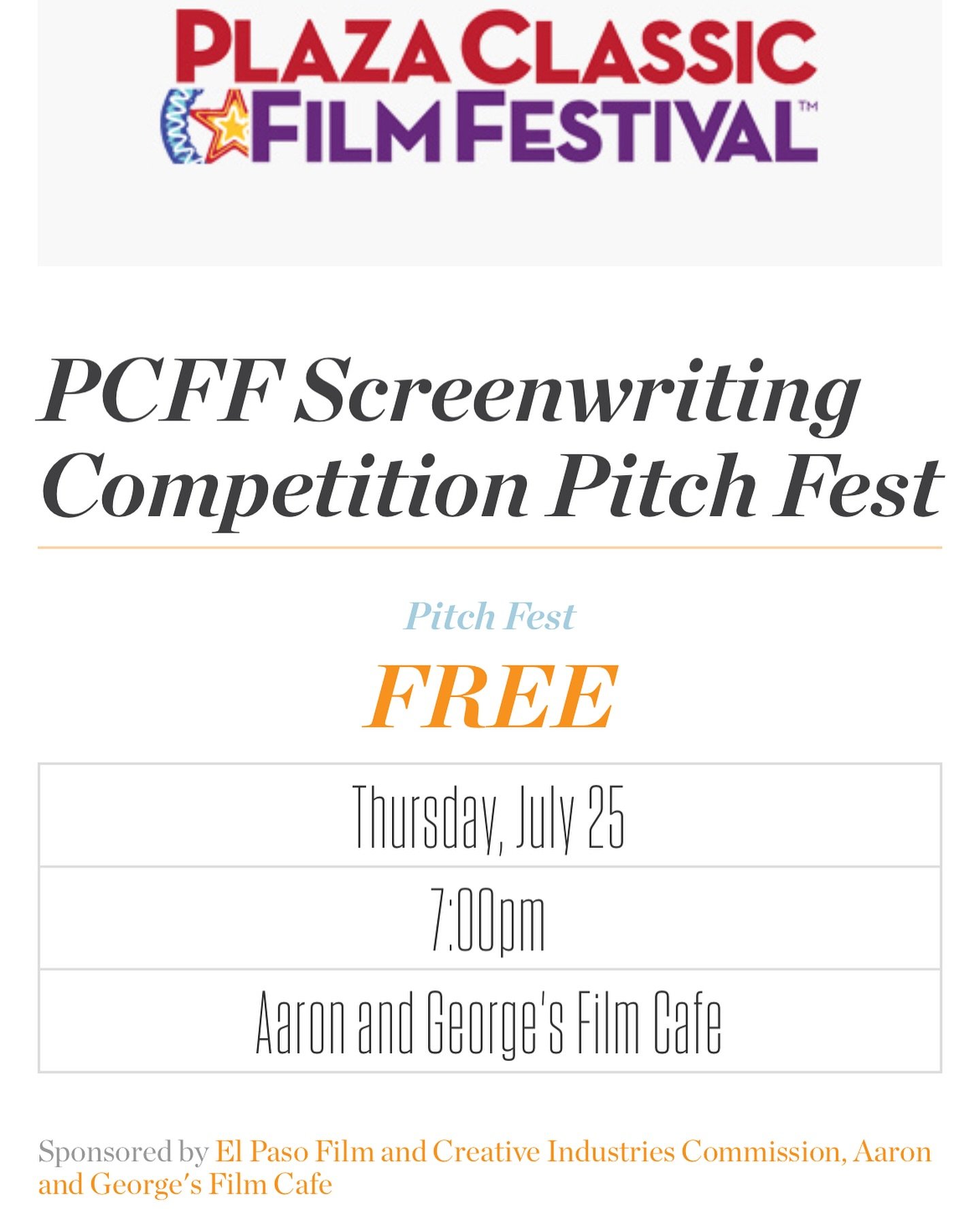 We&rsquo;re excited to welcome @plazaclassicfilmfestival at the cafe for their Screenwriting Competition Pitch Fest! Doors open at 6pm. No Cover Charge. #localfilm @creativelpaso
