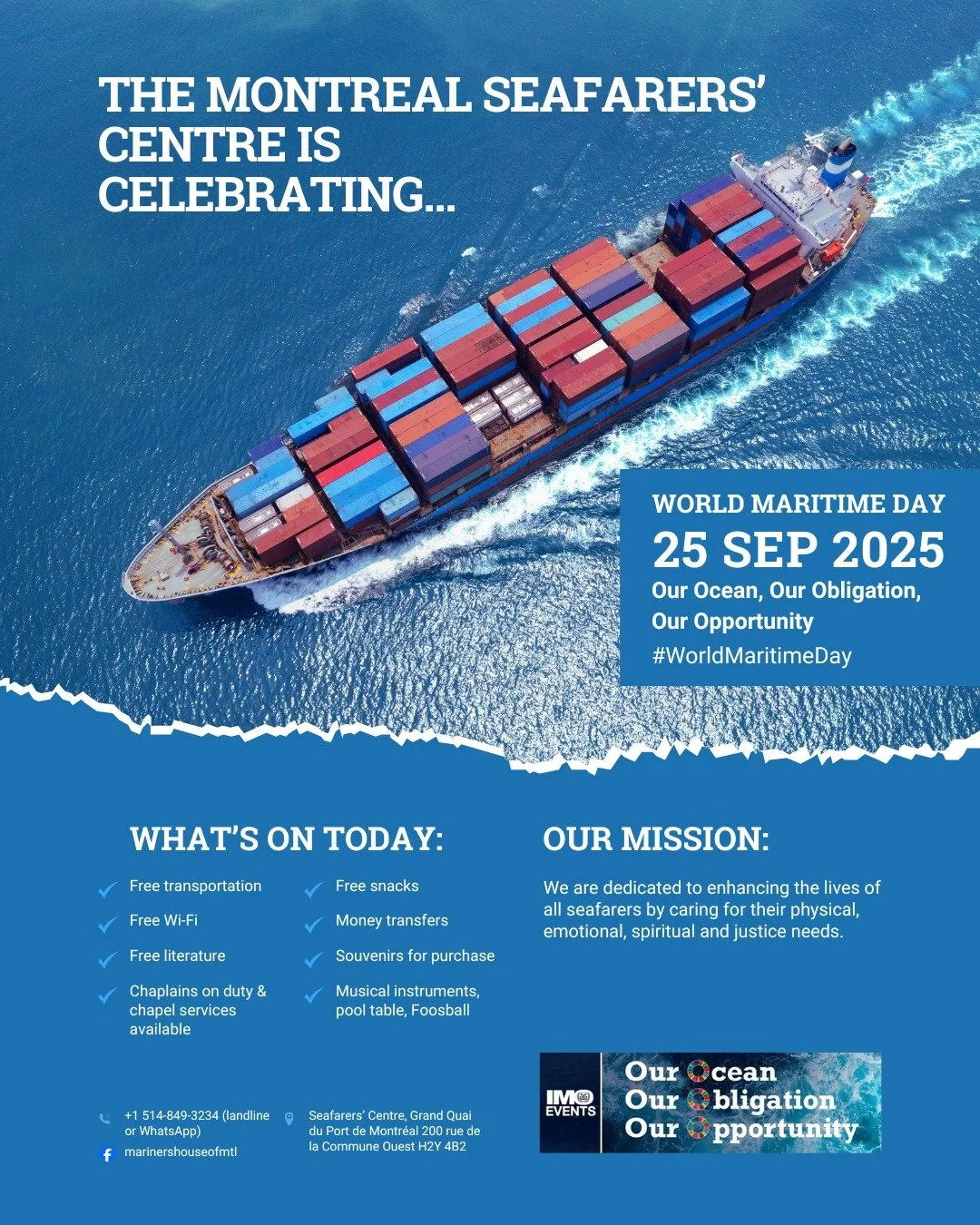 Marins, nous sommes disponibles pour des visites de navires, des transports gratuits et de bonnes conversations. Nous sommes des êtres humains (des aumôniers, pour être précis) et nous nous réjouissons de vous rencontrer ! Le Centre des marins propose des collations gratuites, un accès Wi-Fi gratuit et d'autres services.