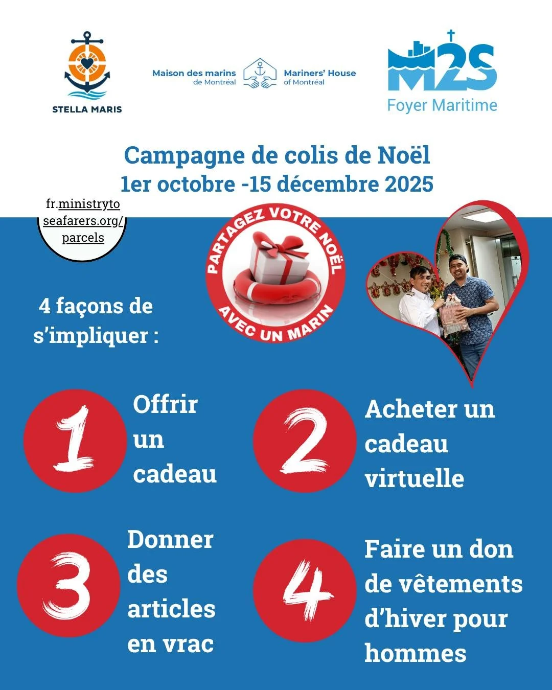 Participer à la Campagne des colis de Noël, c'est facile ! Vous avez quatres choix pour partager Noël avec un marin. Votre cadeau leur permet de savoir qu'ils sont vus et appréciés, même en mer.
https://www.fr.mi