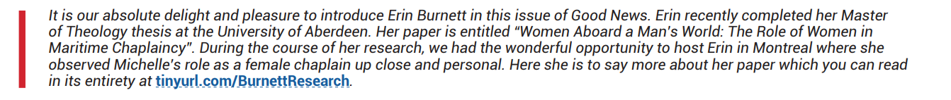 Extrait de texte consacré au parcours universitaire et aux publications de recherche d'Erin Burnett, évoquant sa thèse de maîtrise en théologie à l'université d'Aberdeen et son rôle d'aumônière à Montréal.