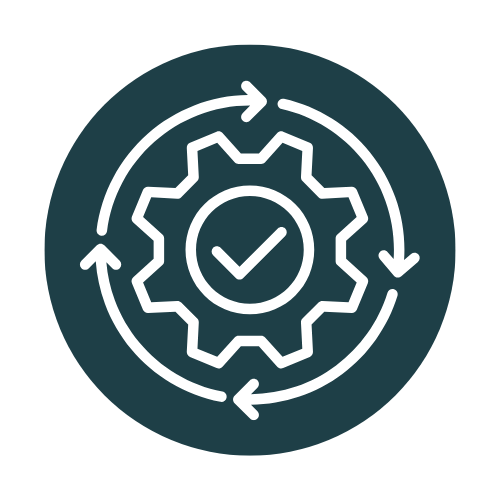 Gear icon with checkmark inside, surrounded by circular arrows, representing process or system integration.