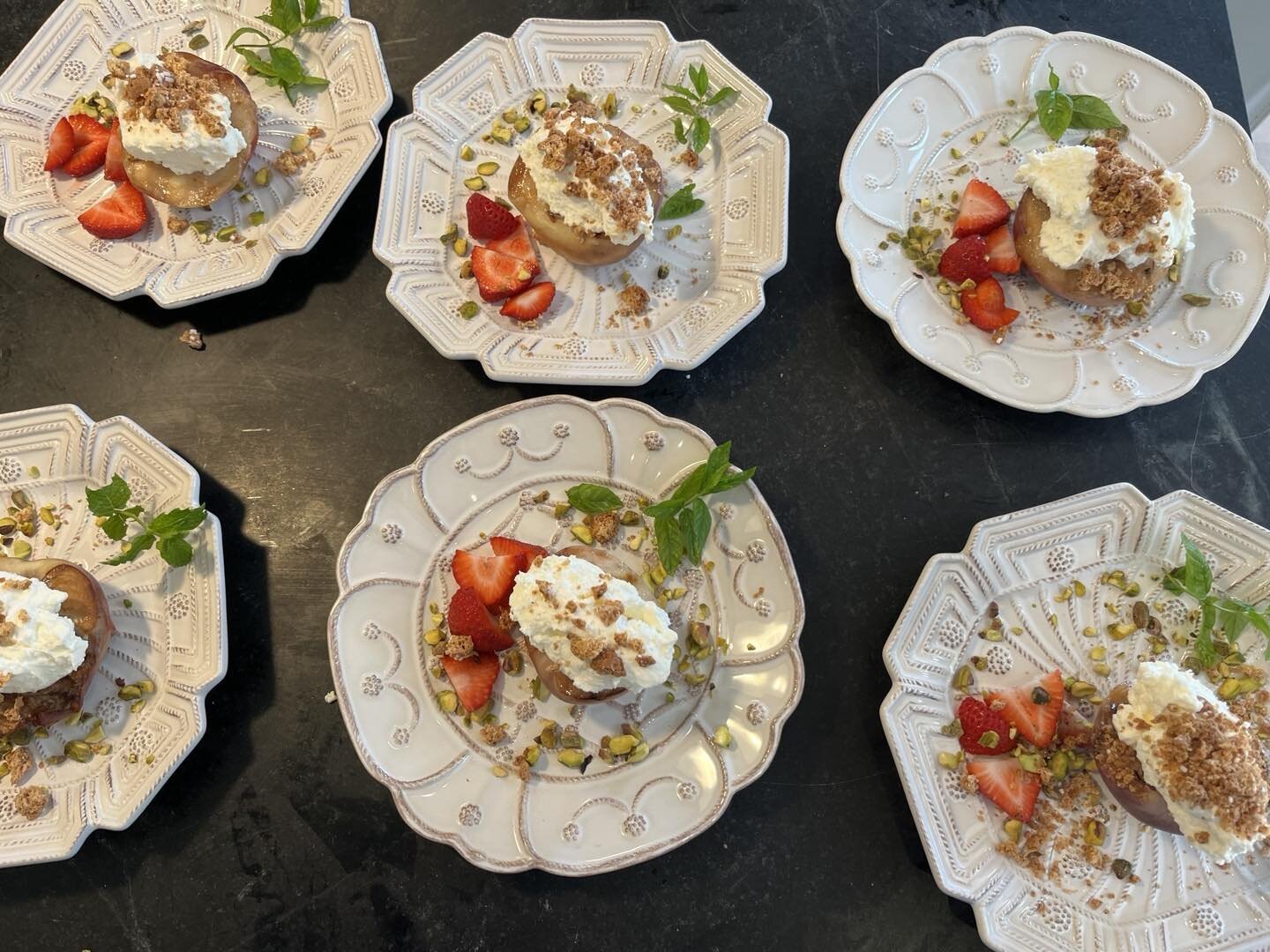 Grilled Peaches with Pistachio Cream and Crushed Amaretti