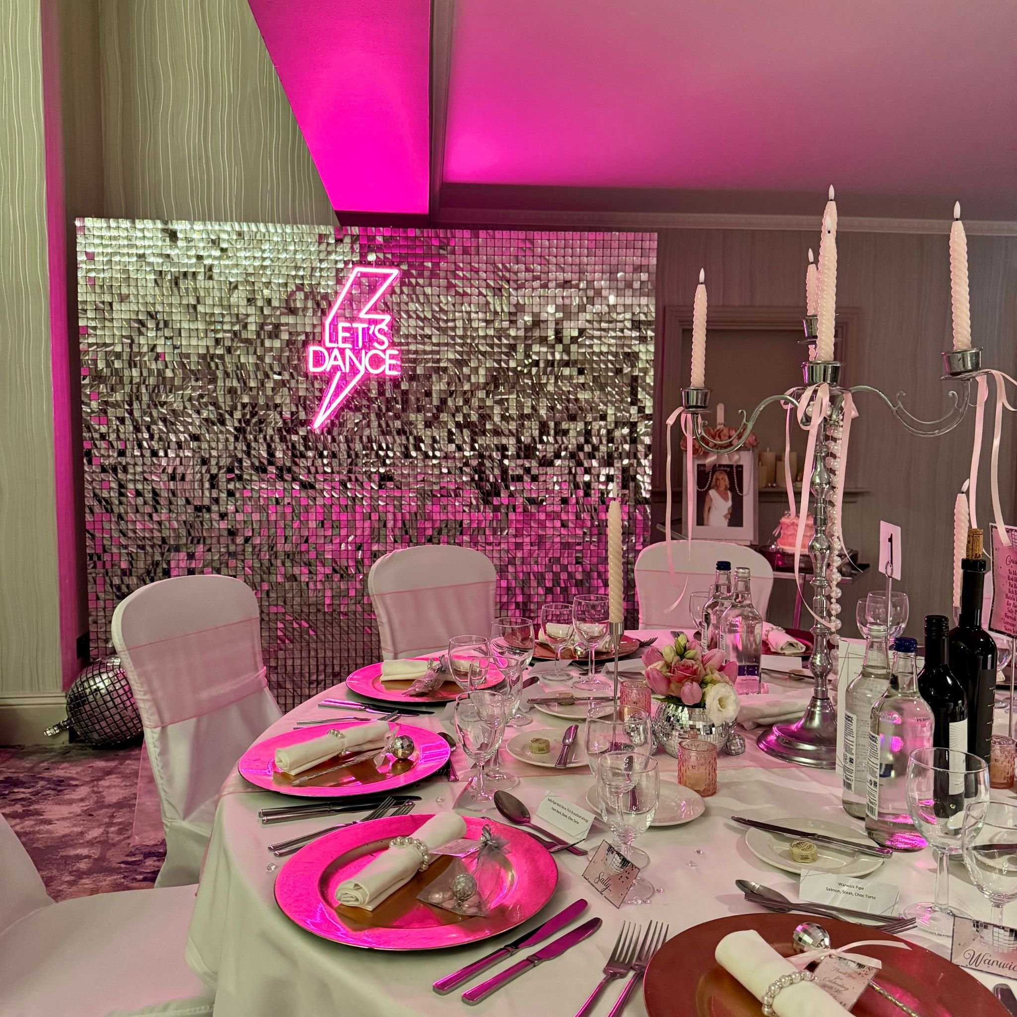 Sequin Wall and neon sign Hanbury Manor Hertfordshire