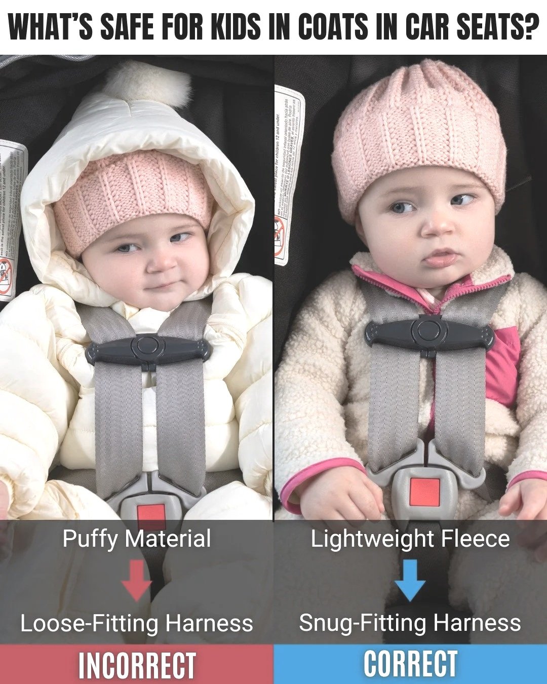 Southern California night nurse, car seat tech and doula demonstrating the difference between unsafe loose car seat harnesses with puffy coats and safe snug harnesses with lightweight fleece