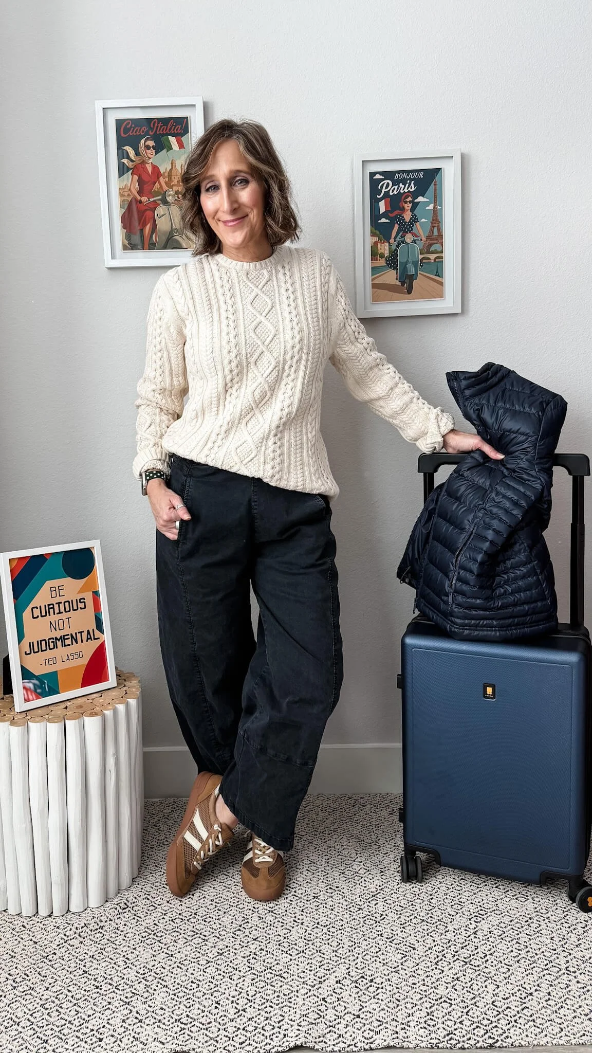 cable sweater, travel outfit, travel day