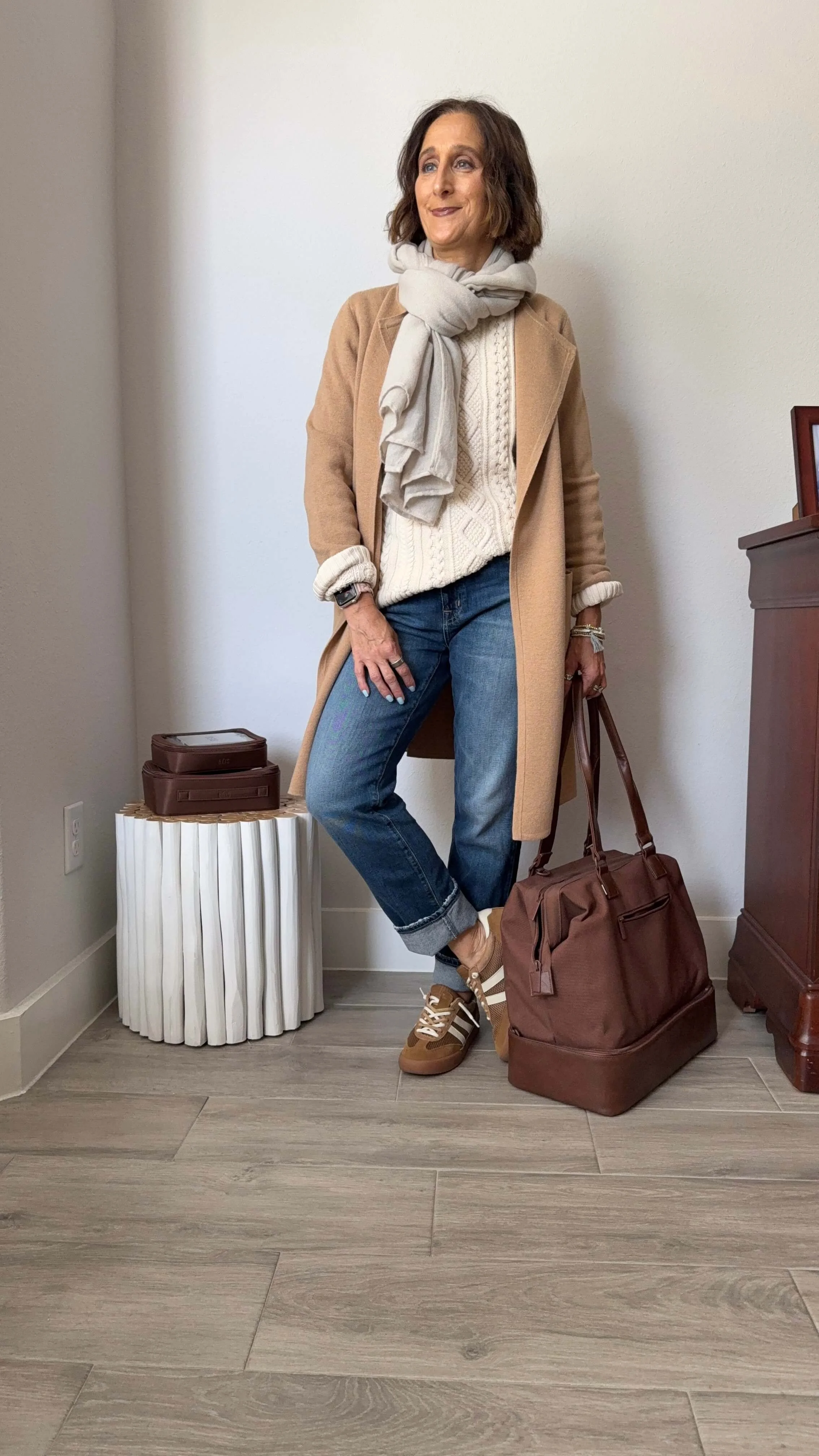 Sweater weather, travel outfit, personal item bag
