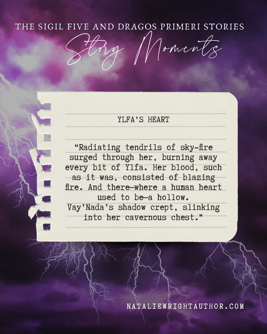 A handwritten note titled 'Ylfa's Heart' with a quote from a story, overlaying a dark purple sky with lightning.