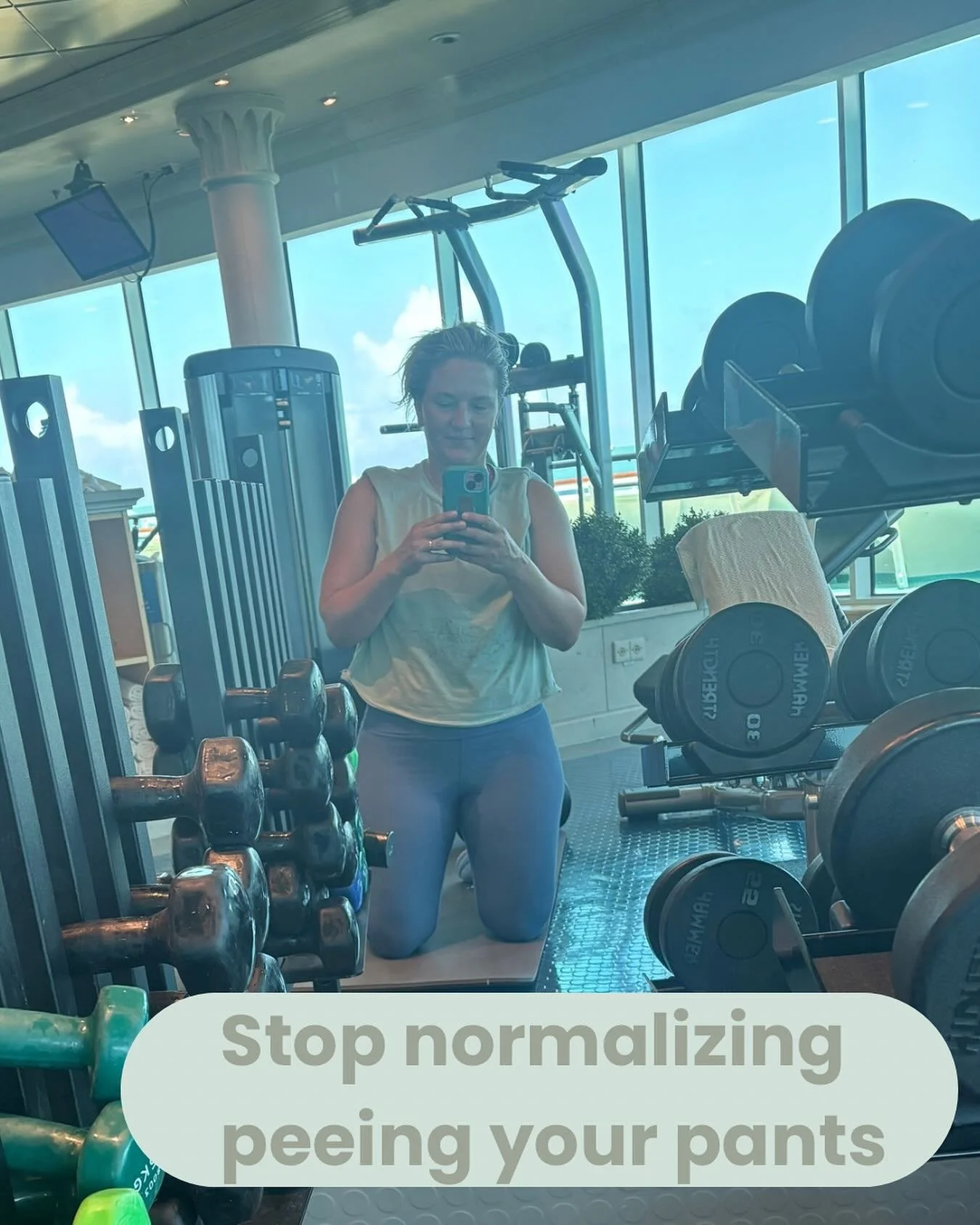 **No pants were peed while taking this photo** 😂 (all sweat during my workout) 😆🏋️ but real talk&hellip; 🛑 STOP 🛑 normalizing peeing your pants!  Stop telling moms &ldquo;welcome to motherhood&rdquo; when they leak. If you leak when you cough, s