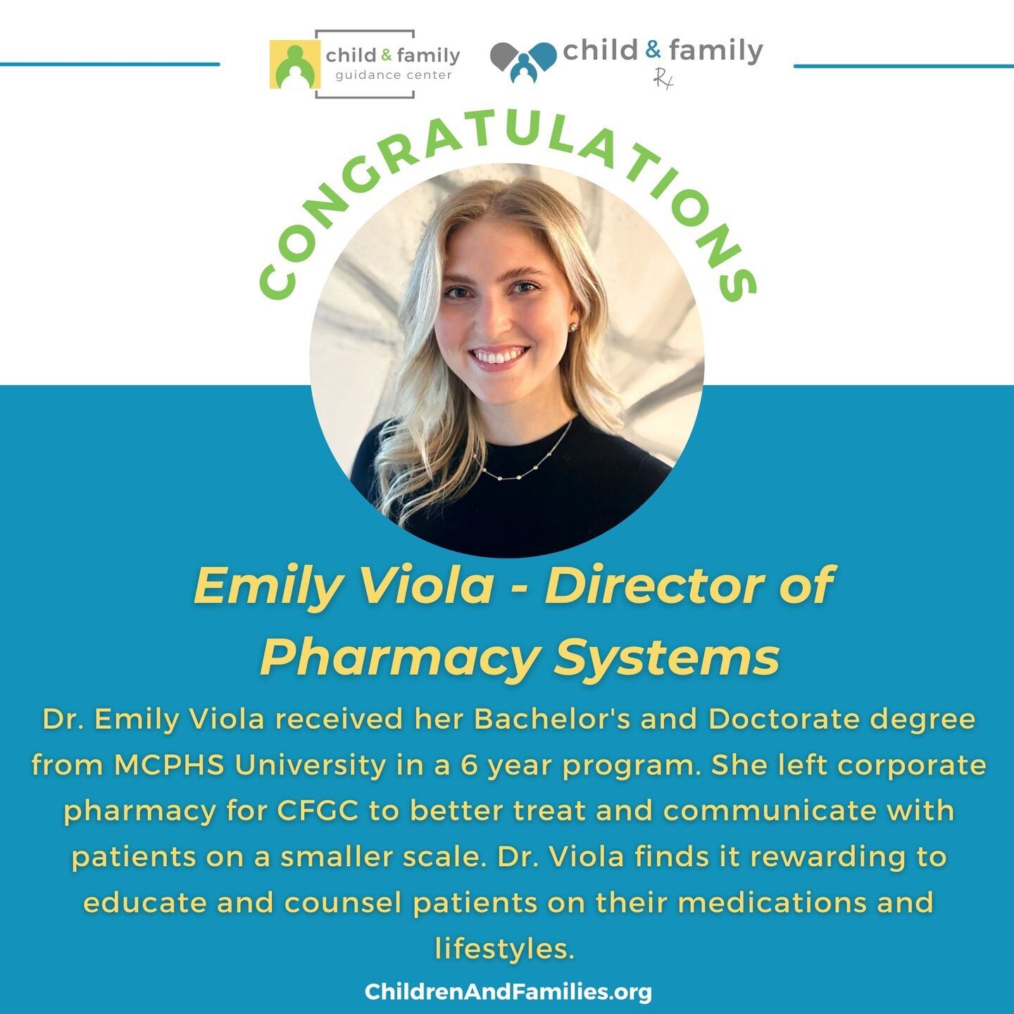 Congratulations to our newest Director of Pharmacy Systems, Dr. Emily Viola! We're so excited to have a passionate and driven director who will help us provide comprehensive mental health care to our clients! Dr. Viola shares that her &quot;priority 