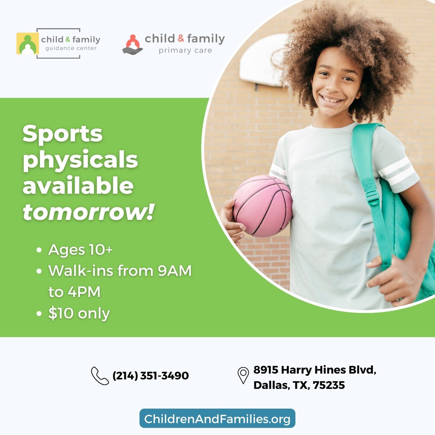 Need a sports physical done for your child? Come see us for a walk-in appointment! Call 214.351.3490 or visit our website at ChildrenAndFamilies.org for more info.