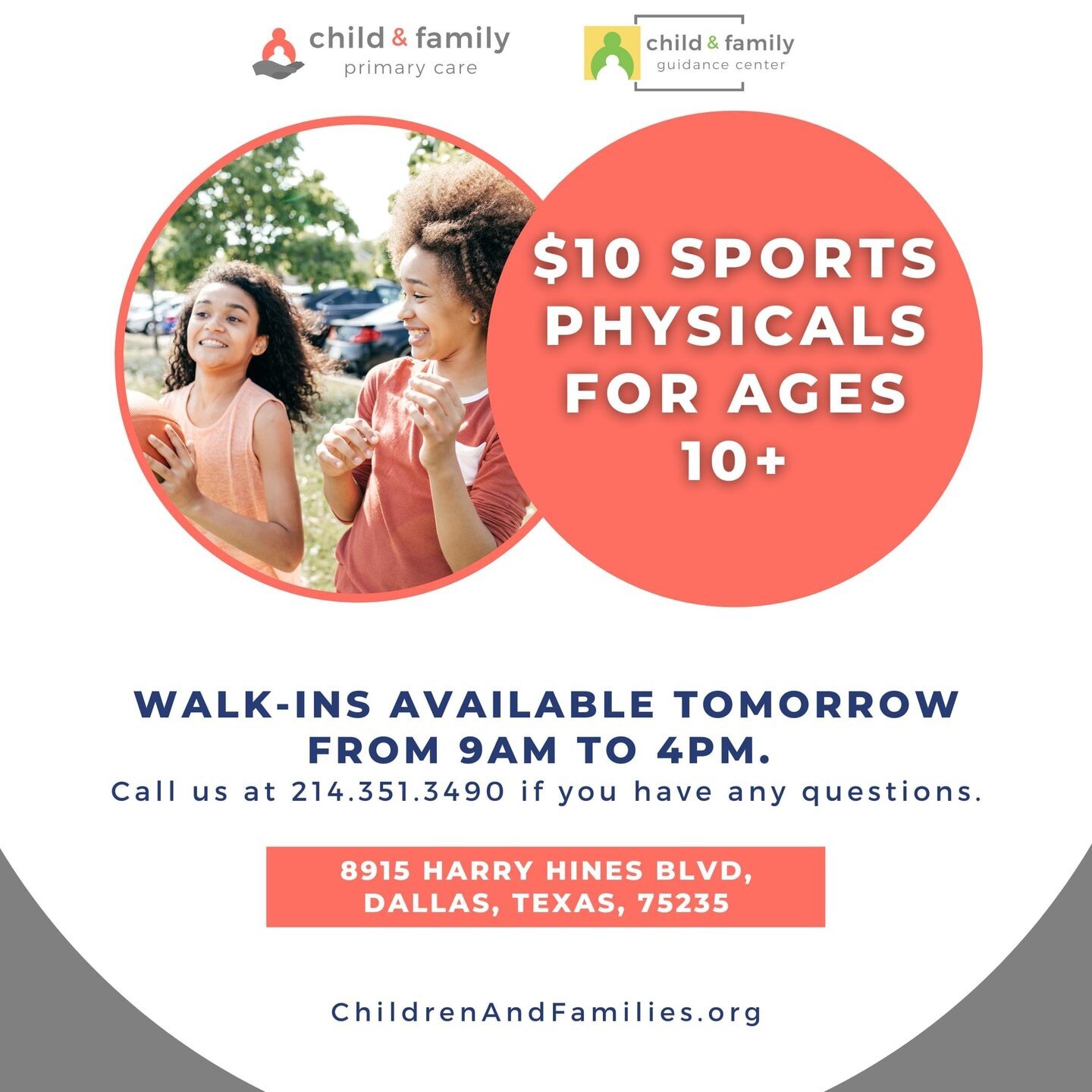 Need a sports physical done for your child? Come see us for a walk-in appointment! Call 214.351.3490 or visit our website at ChildrenAndFamilies.org for more info.

#DallasMentalHealth #TexasMentalHealth #TexasNonProfit #DallasNonProfit #DallasTherap