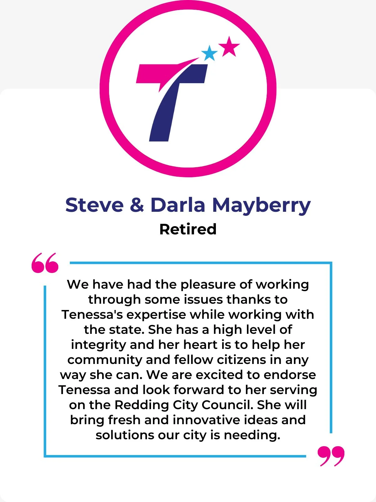 Steve and Darla Mayberry endoreses Tenessa Audette for City Council