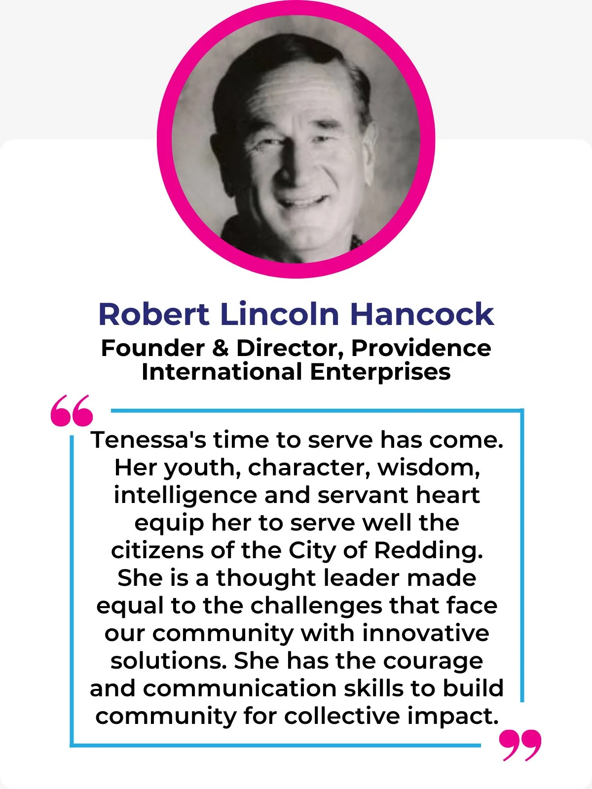 Robert Hancock endorses Tenessa Audette for Redding City Council