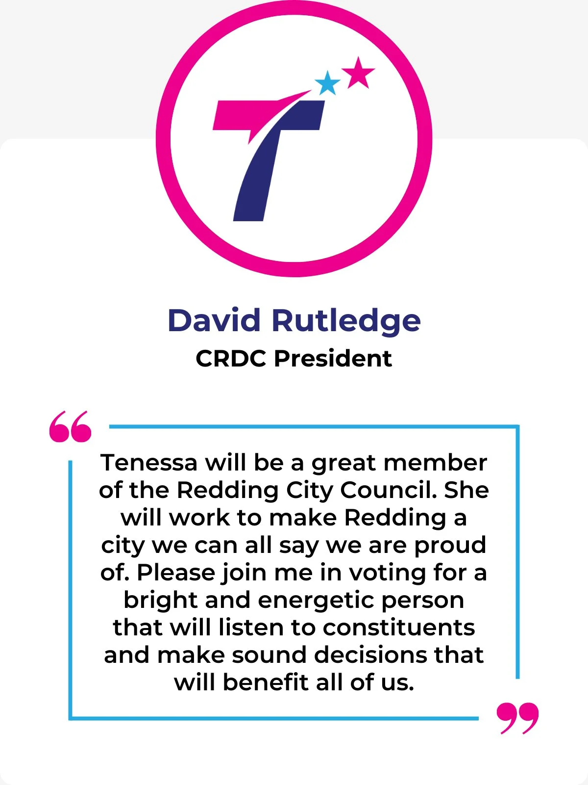 David Rutledge endorses Tenessa Audette for Redding City Council