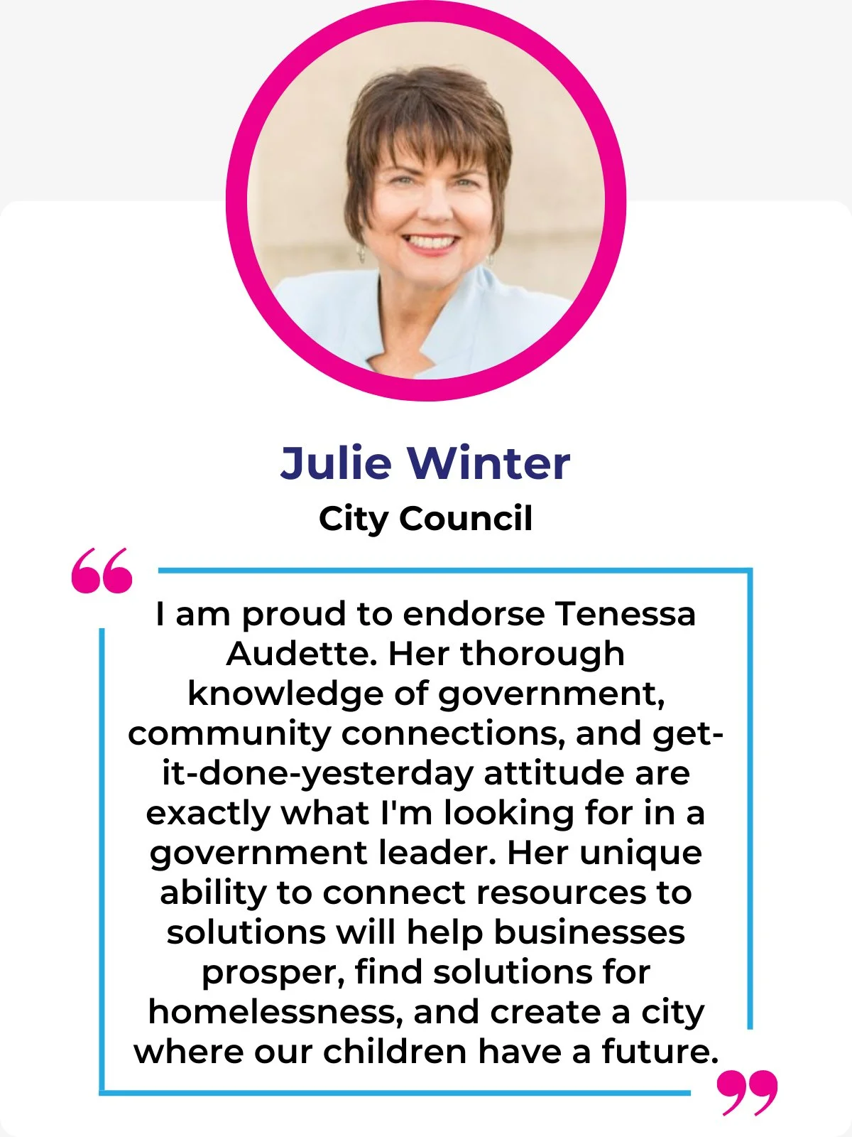 Julie Winters endorses Tenessa Audette for Redding City Council