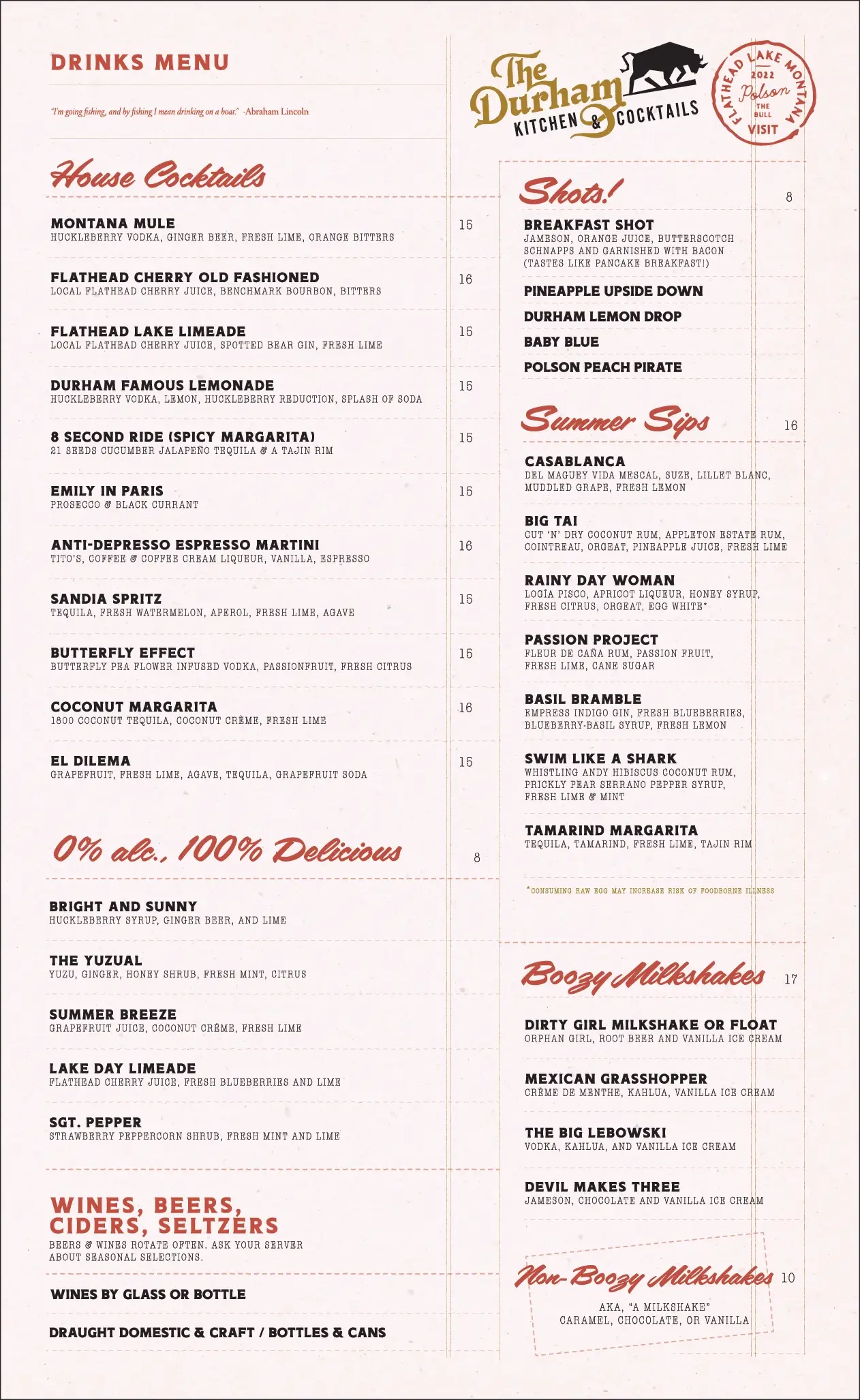 Durham Drinks Menu