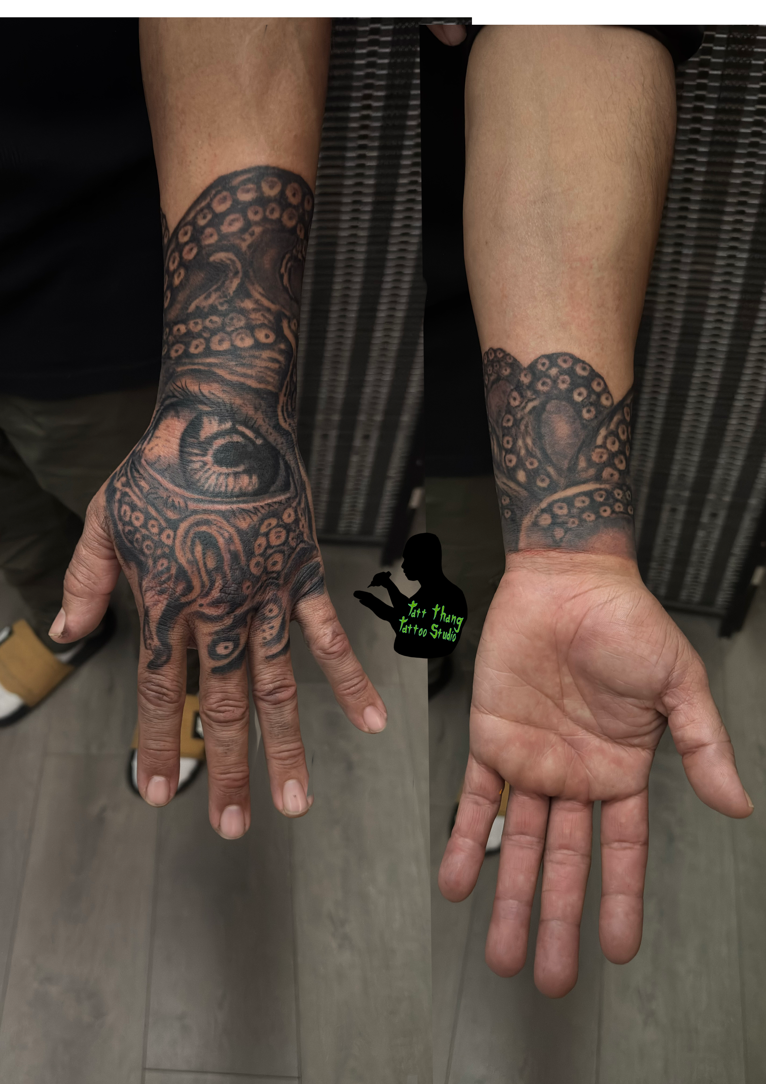 A person's left arm and hand with a freshly done black octopus's tattoo.