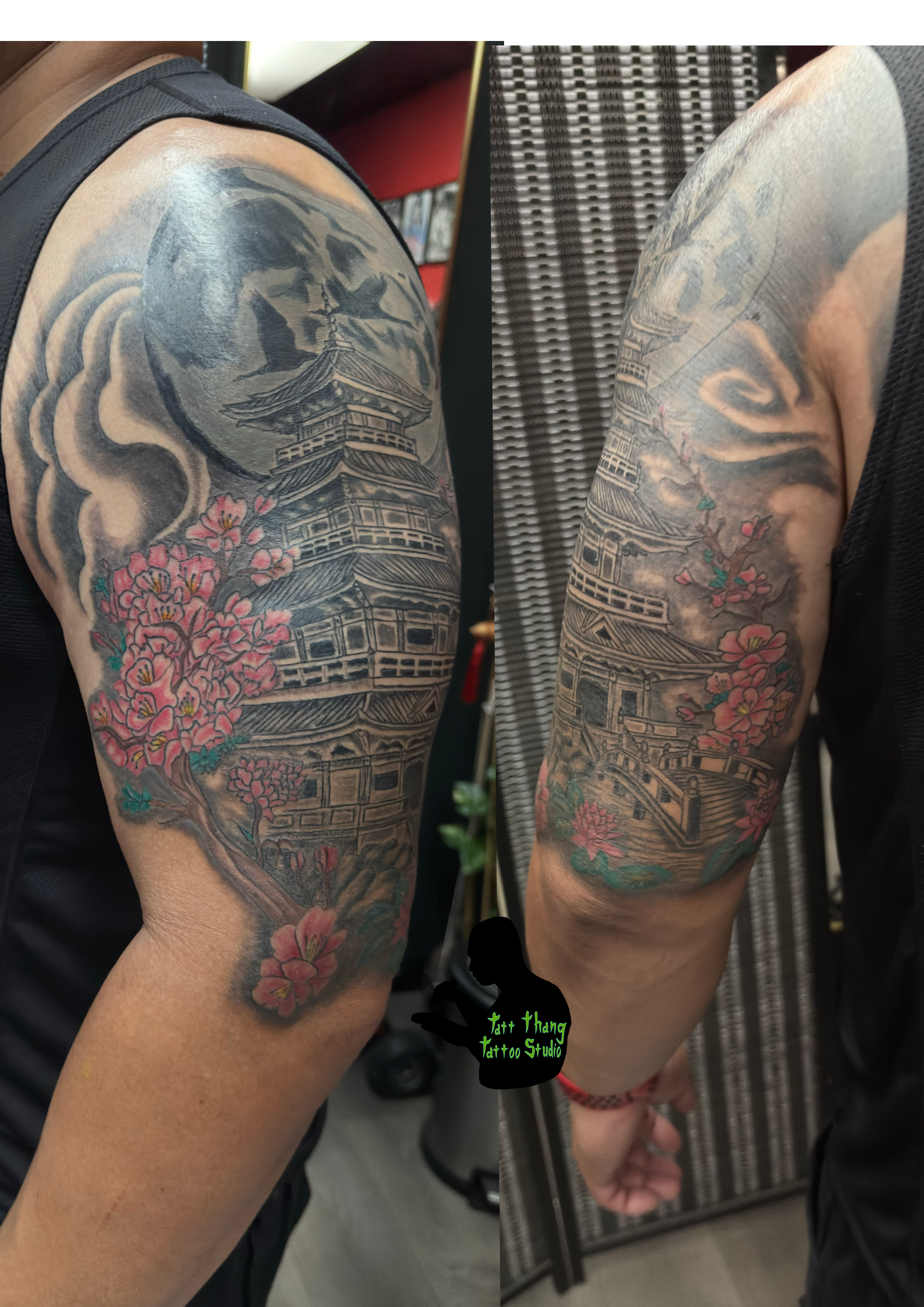 Tattoo of a traditional Asian pagoda with pink cherry blossoms and a cloudy moon in the background on a person's upper arm.
