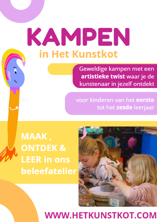 Flyer voor een kunstkamp voor kinderen in Het Kunstkot, met een afbeelding van twee jonge kinderen die creatief bezig zijn, en kleurrijke illustraties en tekst die uitnodigen tot deelnemen aan het kamp.