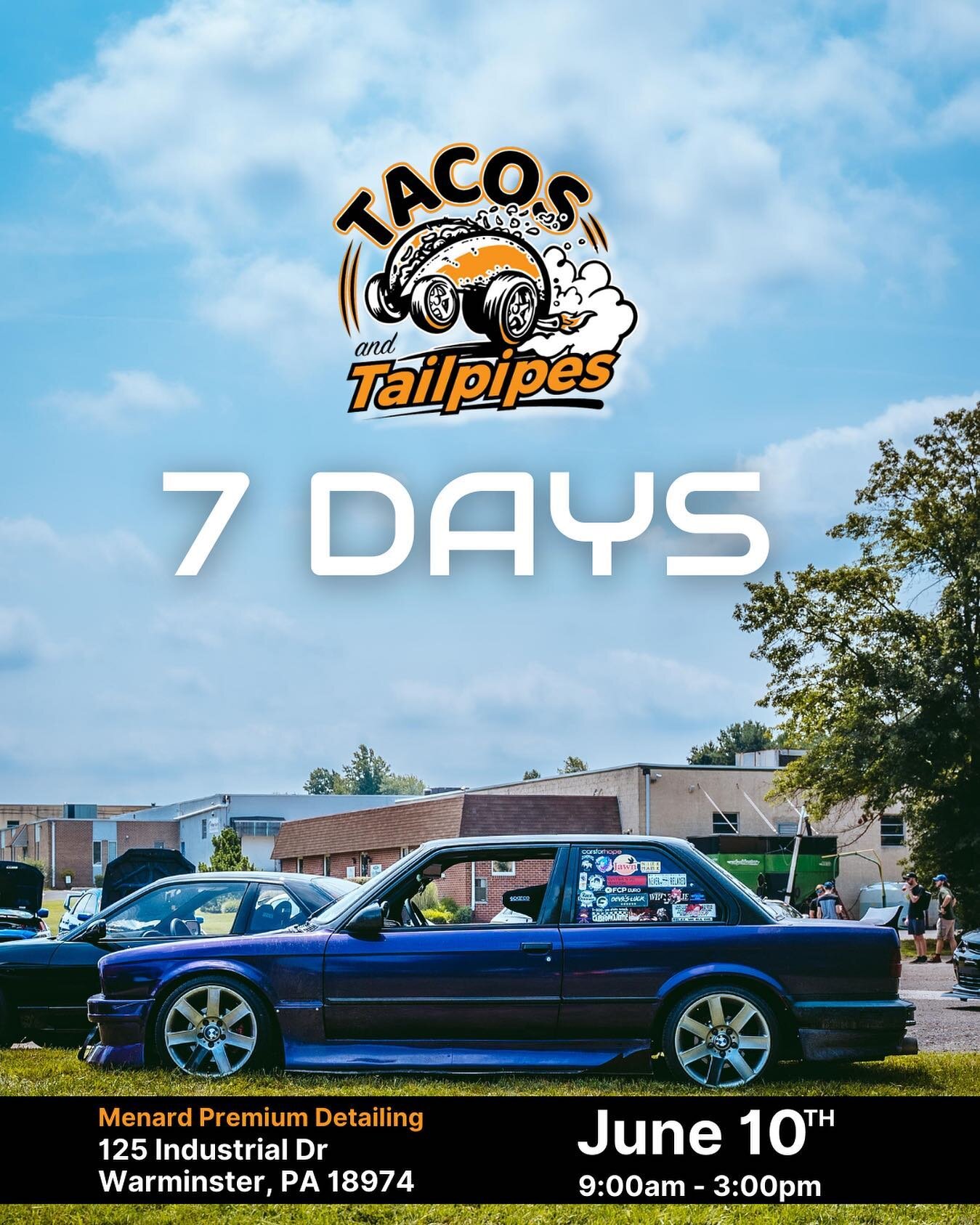 7 DAYS🌮💨
Tacos and tailpipes is only a week away!!
.
ALL ARE WELCOME! We can&rsquo;t wait to see you there!
.
🌮 from #taqueriaaguila 
🍻 from @warwickfarmbrewing 
🍹from @klyrrum 
🍕from @ardanafoodanddrink 
.
🎤 Performances by 
@mattfreedmanmusi