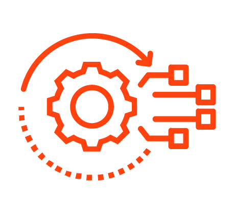 Icon of a gear with an arrow circling around it and connected to several small squares, representing technology or system integration.