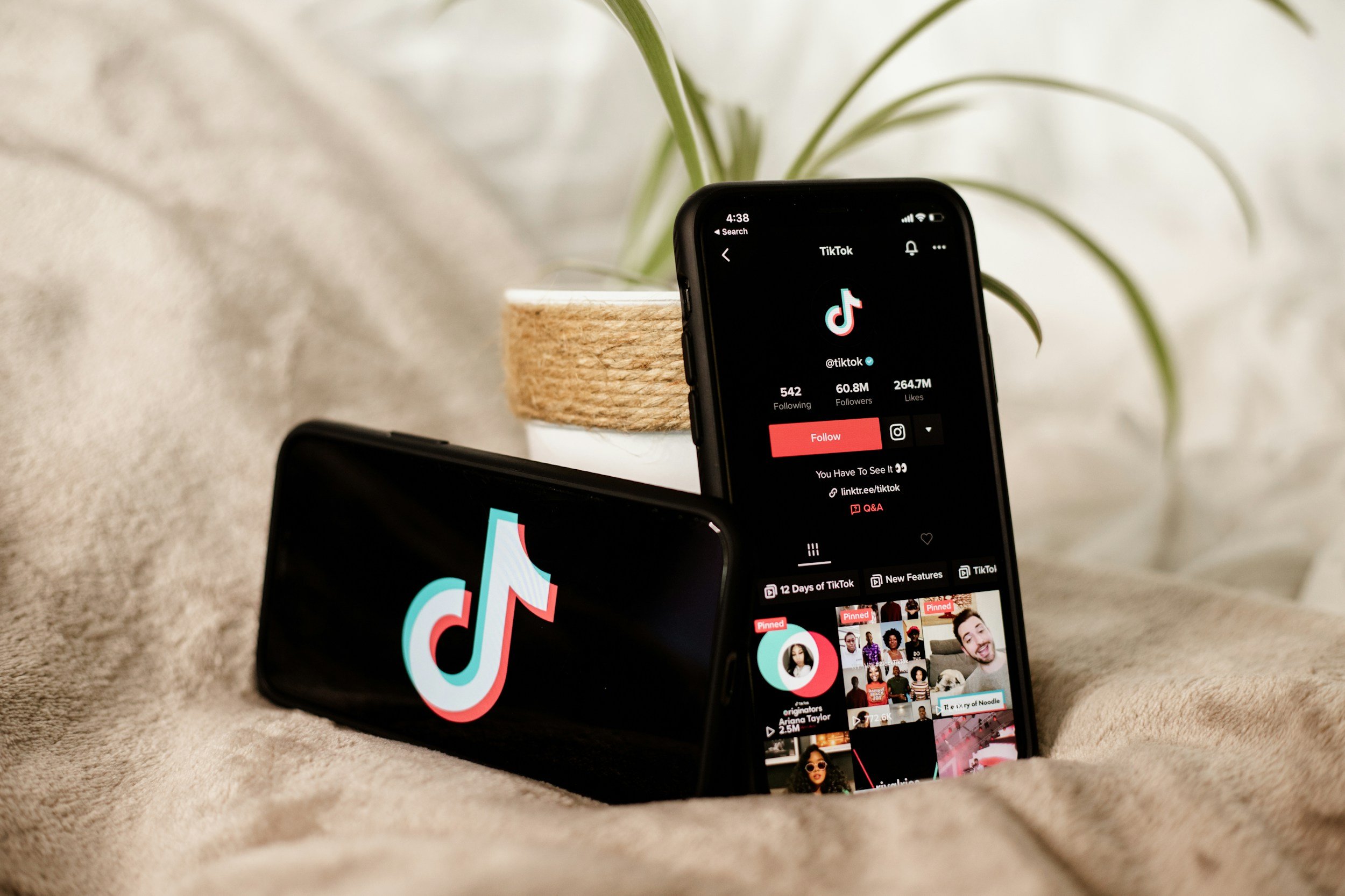 Two smartphones displaying TikTok app screens resting on a soft beige blanket, with a potted plant in the background.
