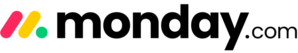 Colorful abstract logo with pink, yellow, and green shapes on a black background. monday.com